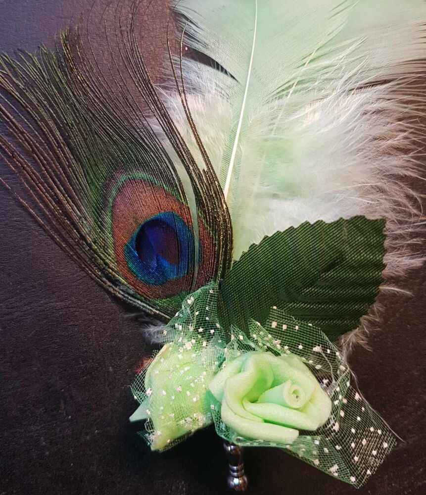 Feather Boutonnière Buttonhole - Peacock and Green Feathers