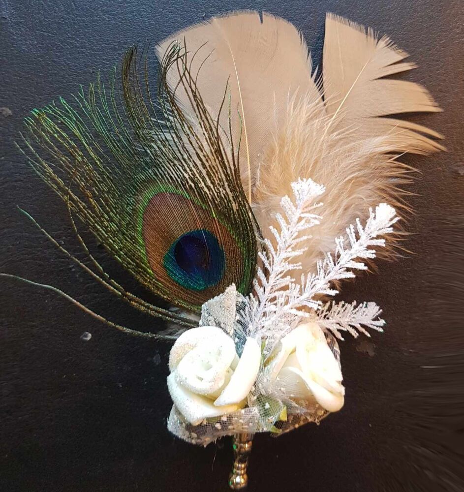 Beige, White and Peacock Feather and Flower Buttonhole