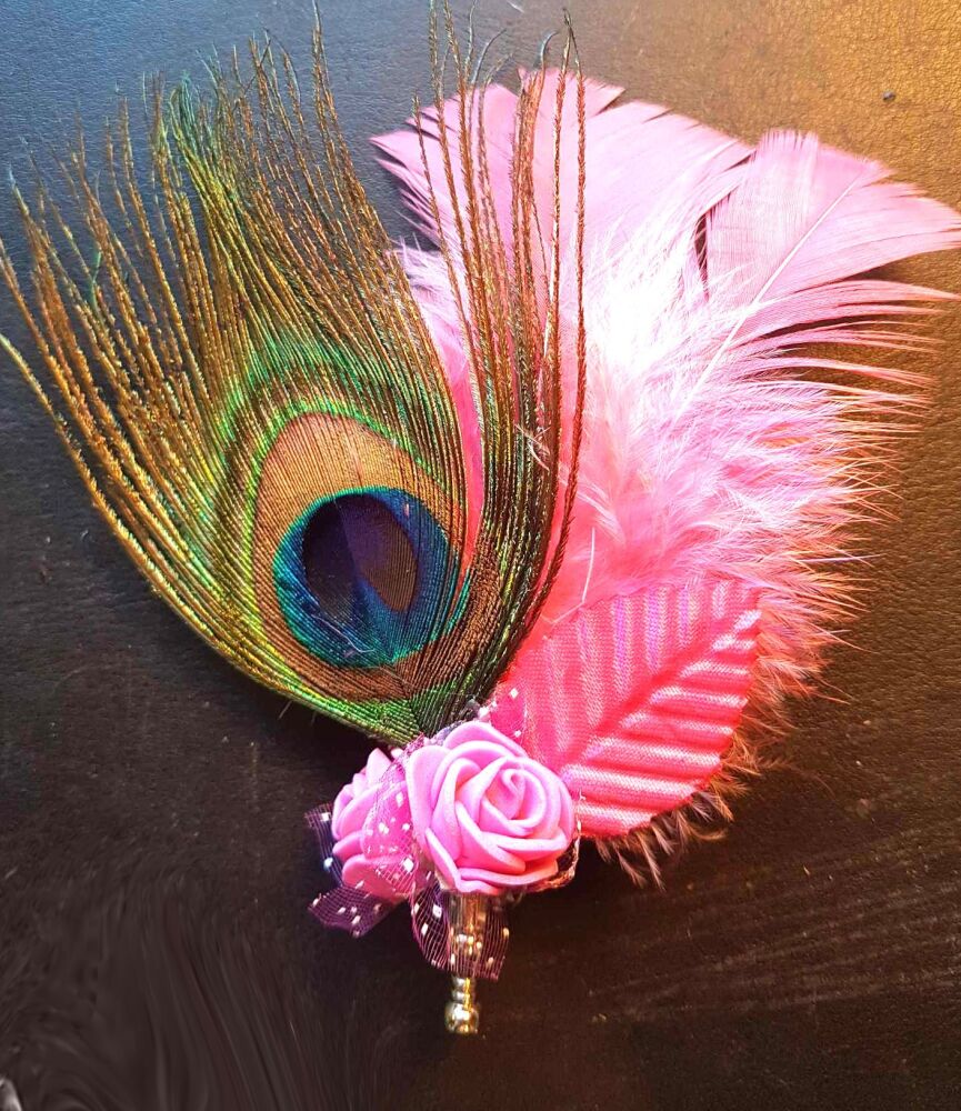 Pink and Peacock Feather Buttonhole
