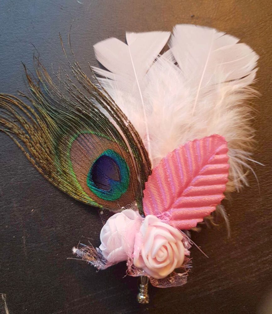 Baby Pink and Peacock Feather Buttonhole
