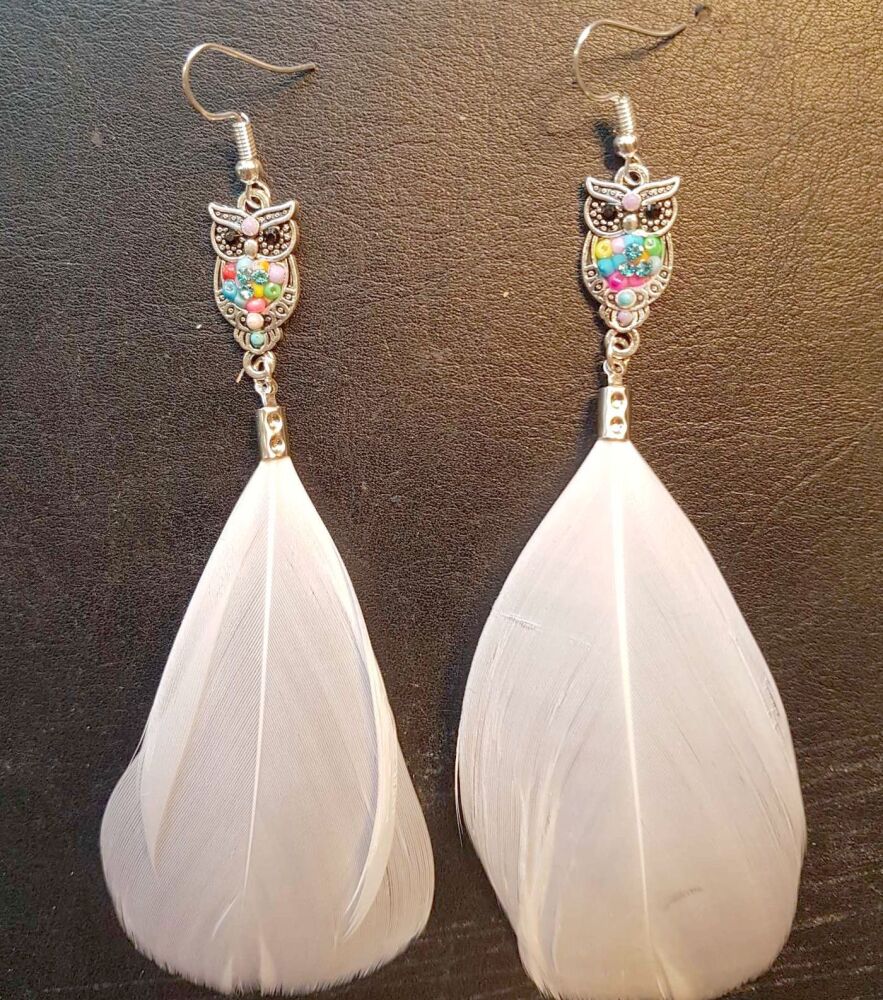 White Goose Feather Earrings with Owl Silver Pendant