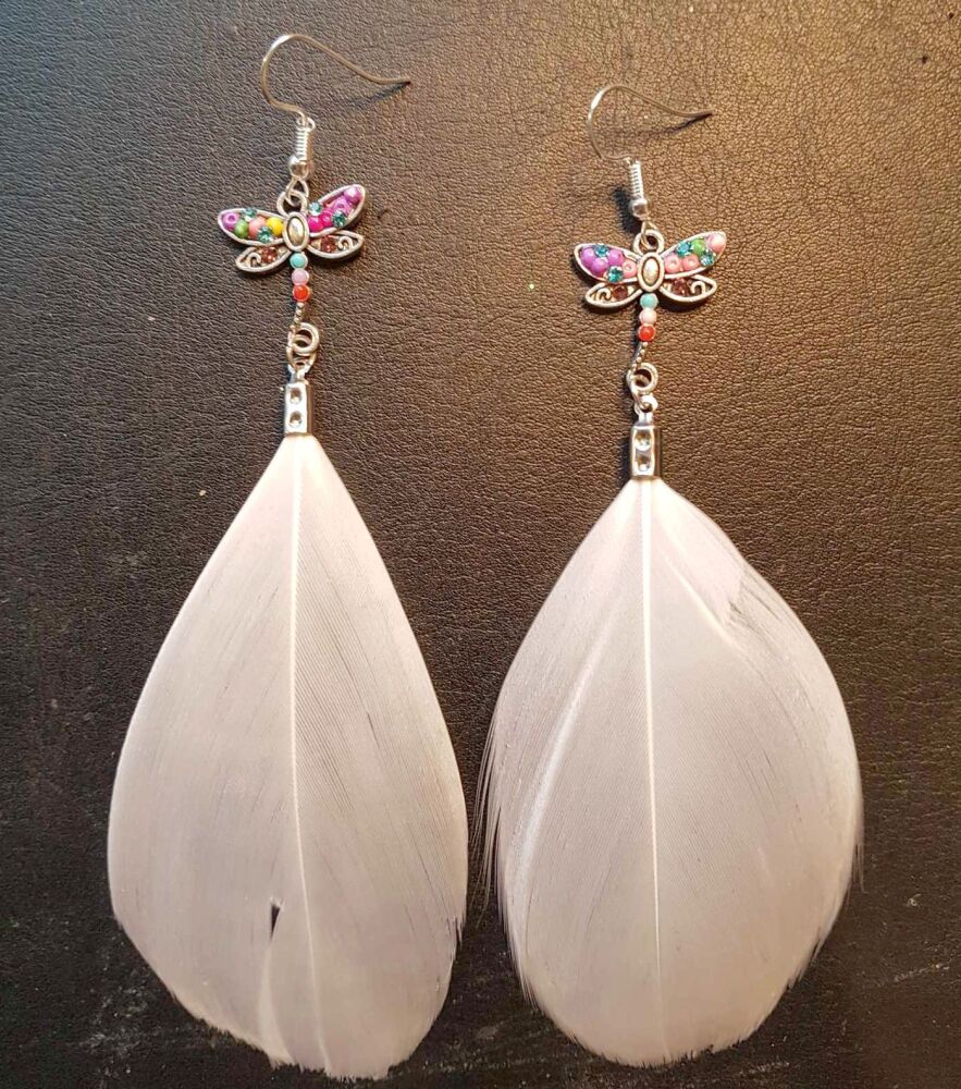 White Goose Feather Earrings with Dragonfly Silver Pendant