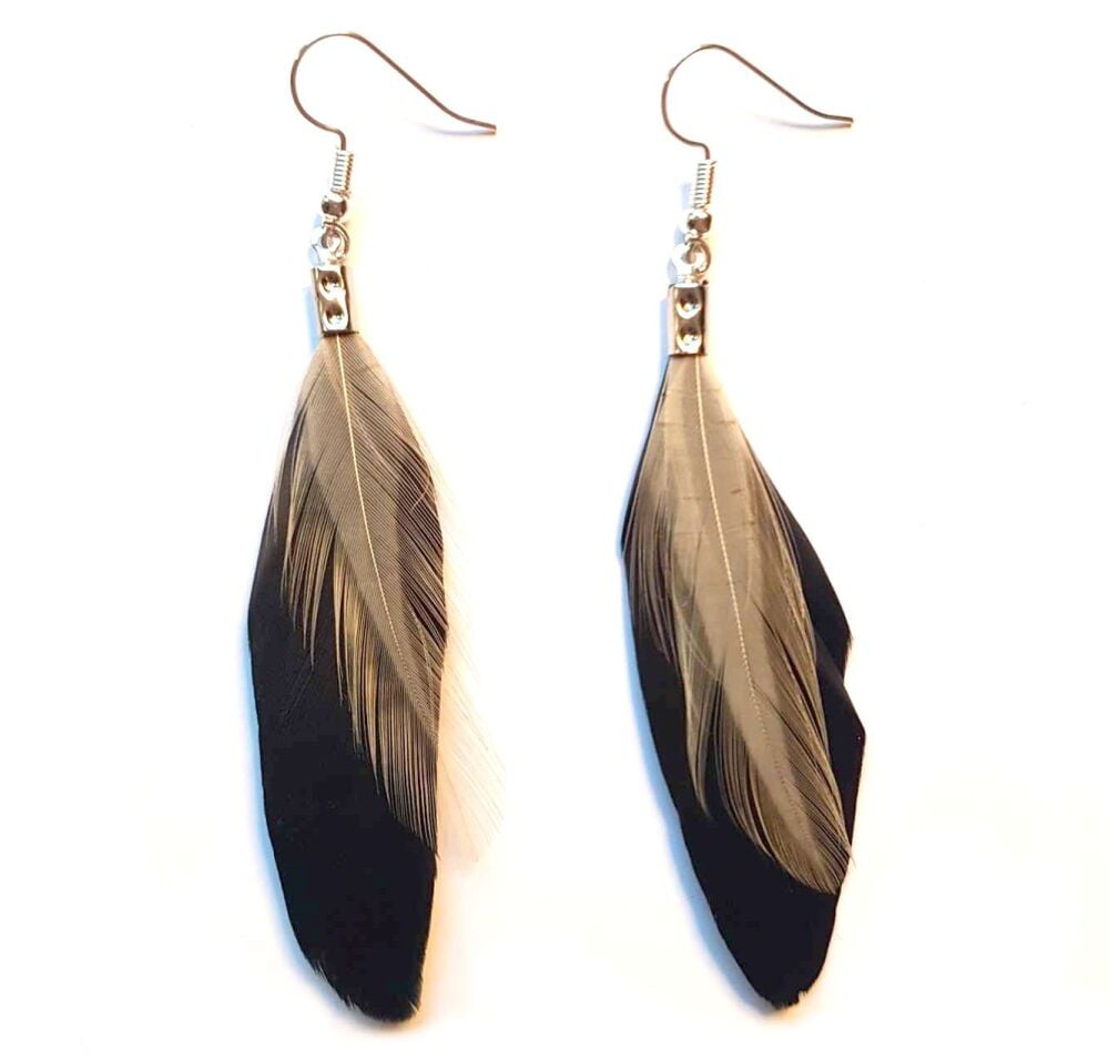 Black Feather Earrings with Cream Hackle Feathers