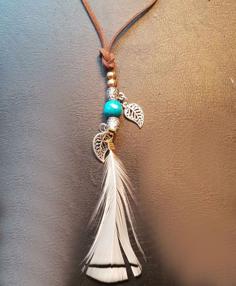 White Pheasant Feather Necklace with Suede Cord and Tibetan Charm Detail