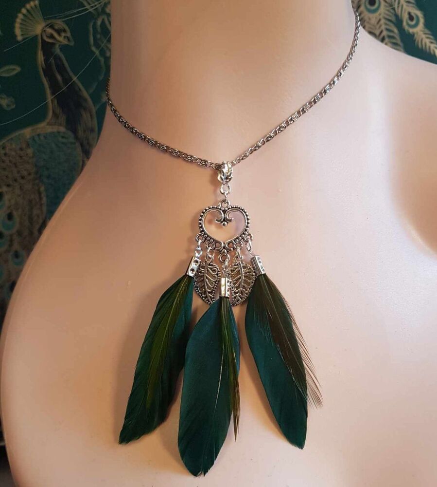 Dark Green and Green Feather Necklace with Silver Charms and Chain