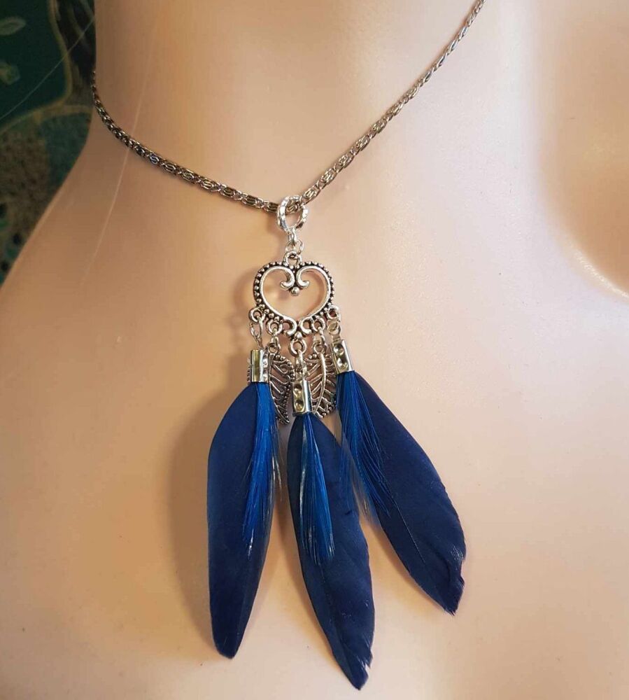 Navy Blue Green Feather Necklace with Silver Charms and Chain