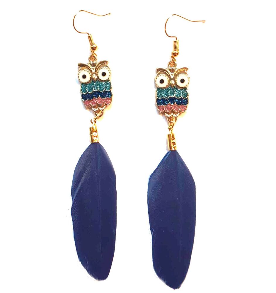 Navy Blue Goose Feather Earrings with Gold, Decorative Owl Charm