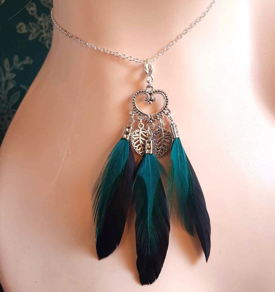 Black and Teal Feather Necklace with Silver Charms and Chain