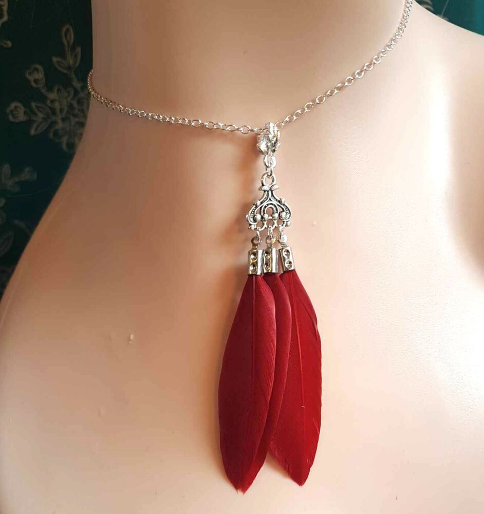 Burgundy Feather Necklace with Silver Charms and Chain