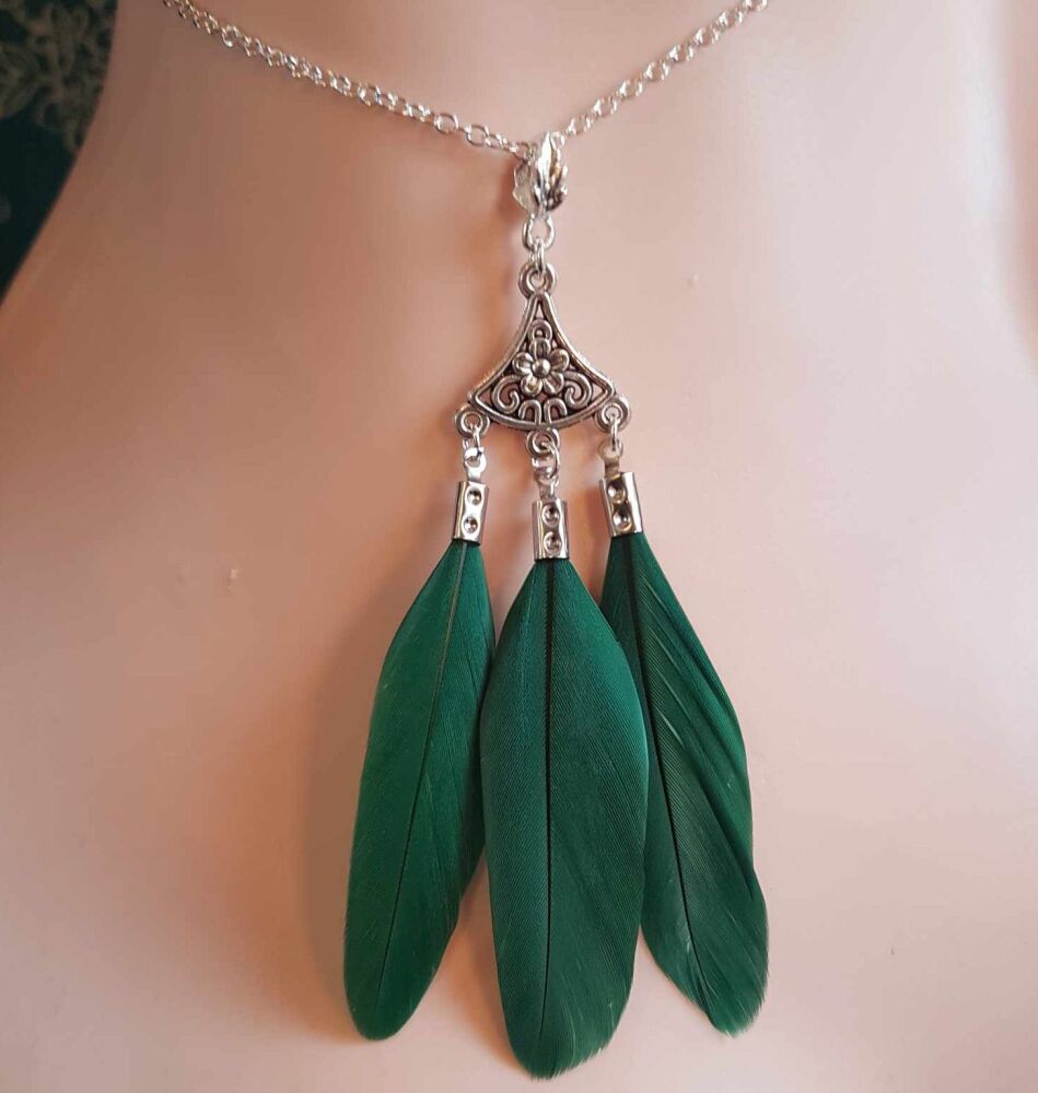 Dark Green Feather Necklace with Silver Charms and Chain