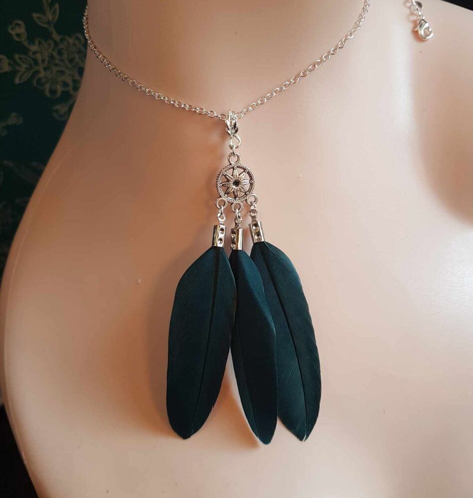 Dark Teal Feather Necklace with Silver Charms and Chain