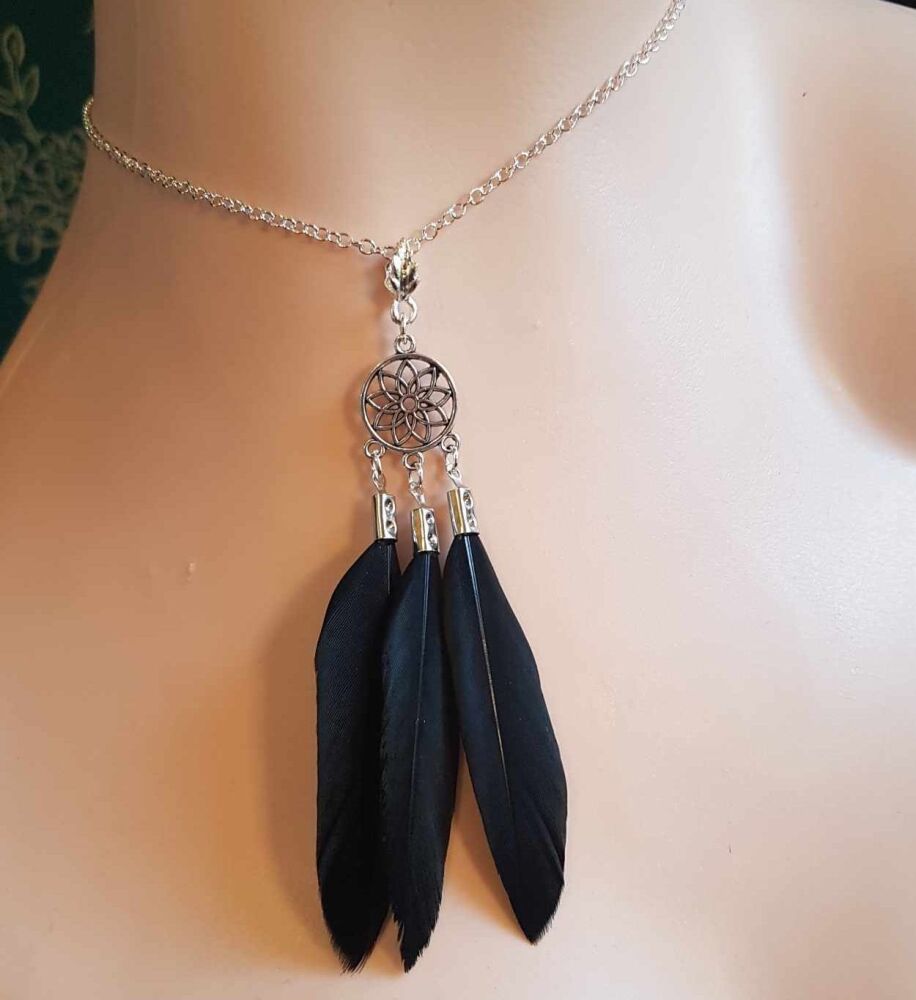 Black Feather Necklace with Silver Charms and Chain
