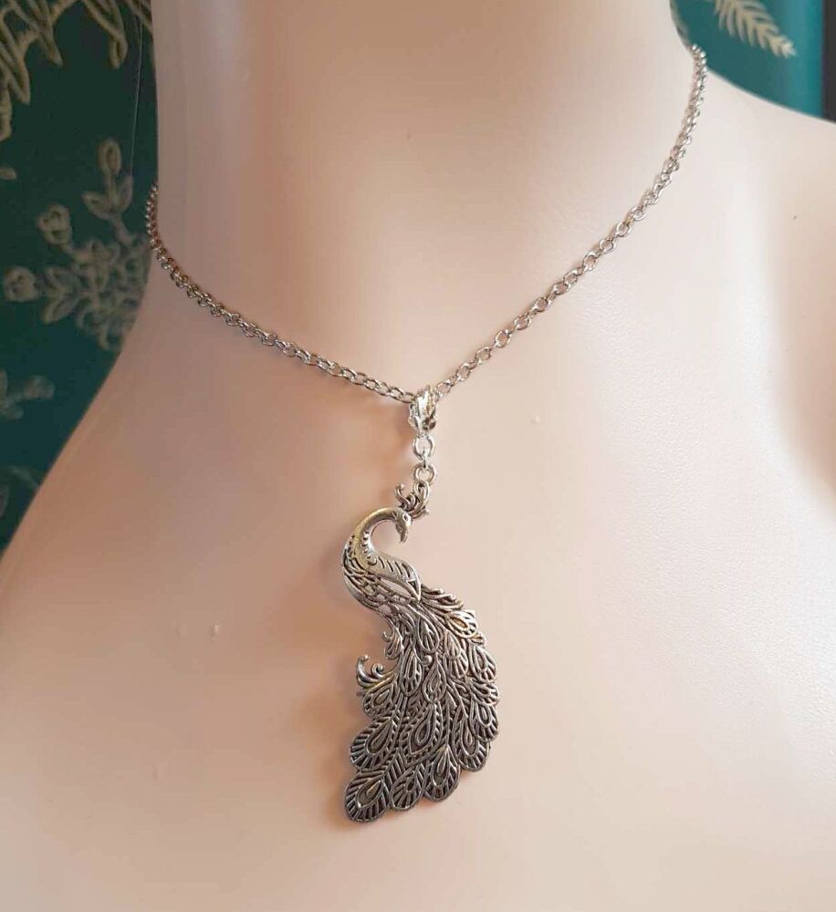 Peacock Pendant Silver Necklace Statement Jewellery