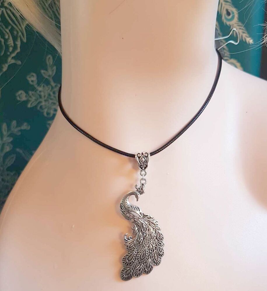 Silver Peacock Pendant, Black Cord Necklace Statement Jewellery