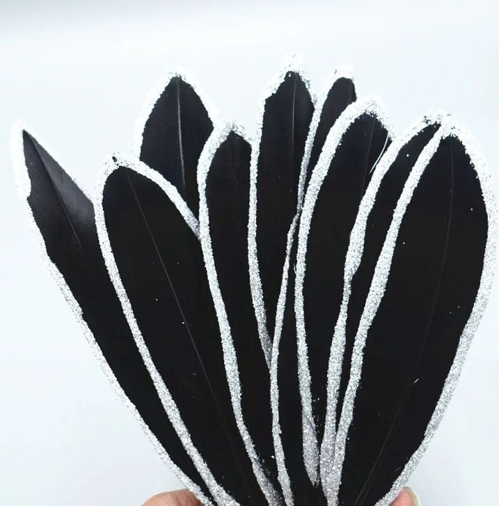 Black and Silver Glitter Goose Quill Feathers x 1