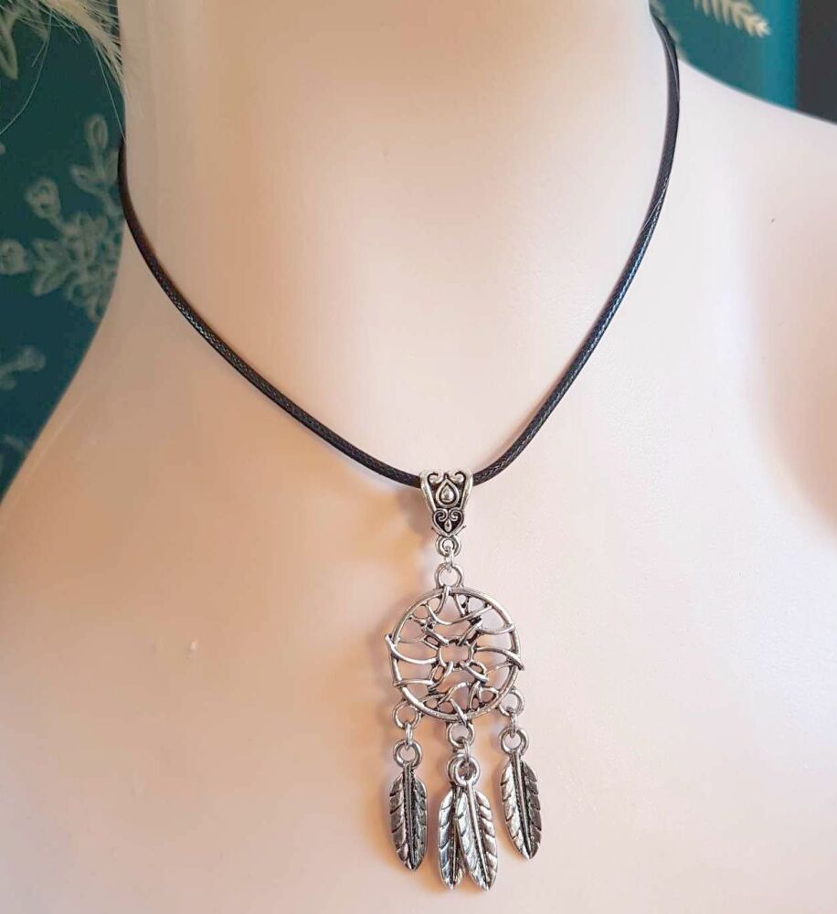 Dreamcatcher Silver Pendant Statement Necklace with Black Cord