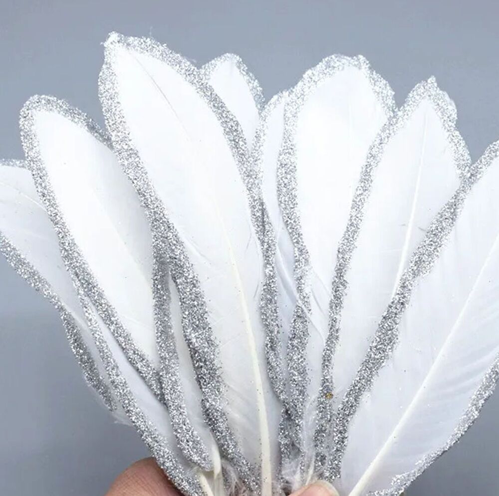 White and Silver Glitter Goose Quill Feathers x 1