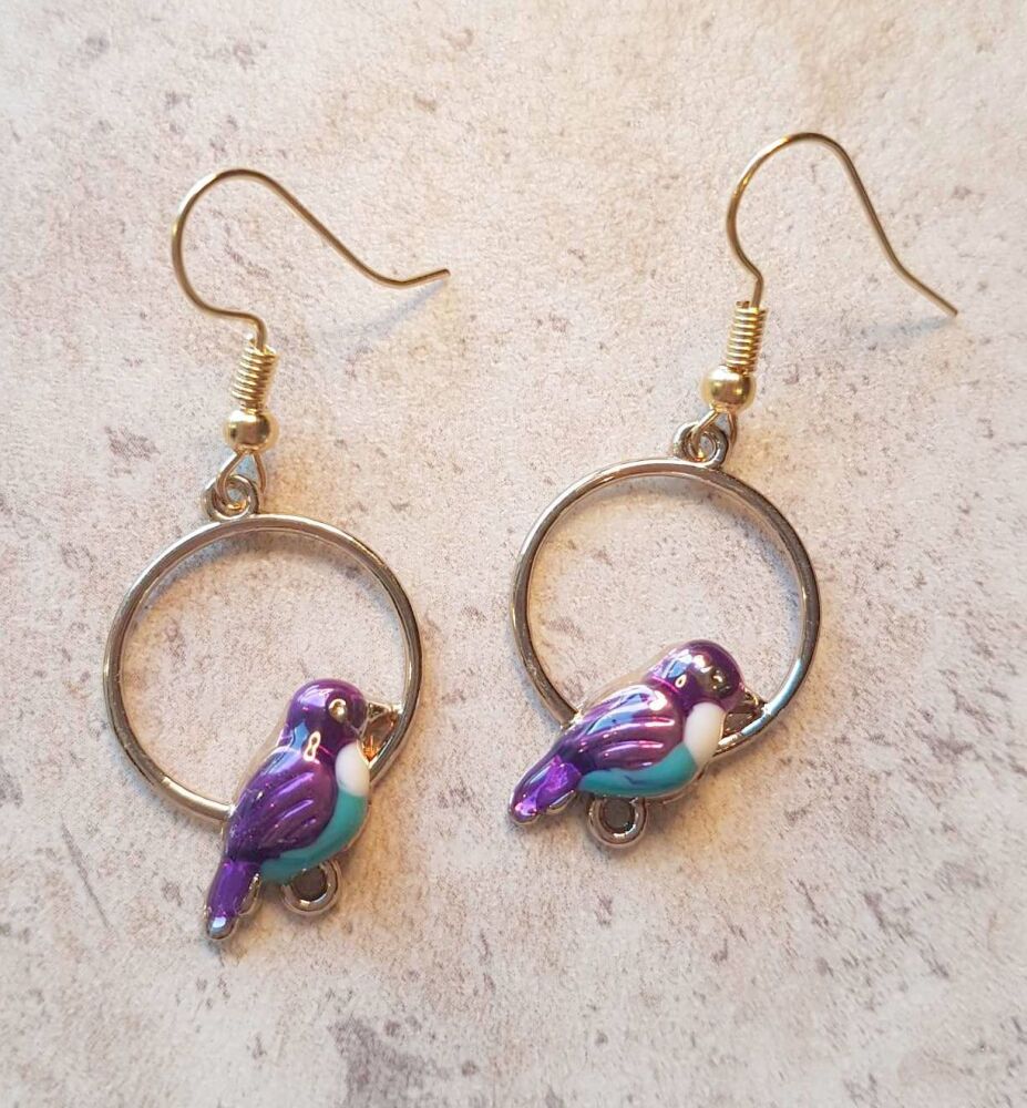 Birds in a Hoop, Gold Drop Earrings (Purple)