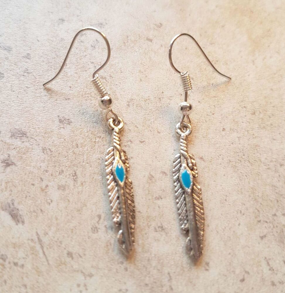 Feather Pendant Silver Drop Earrings, Small and Dainty