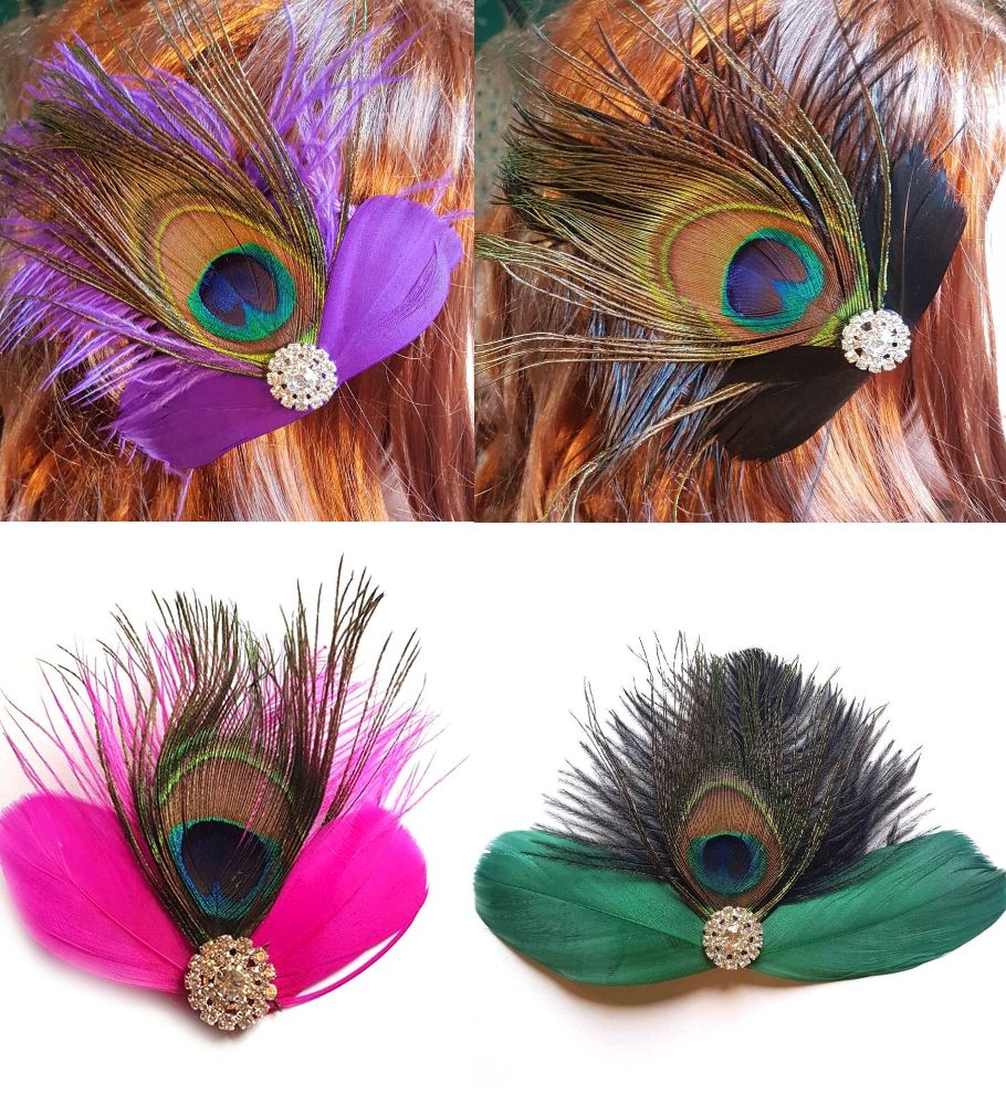 Peacock Eye Feather Hair Clips