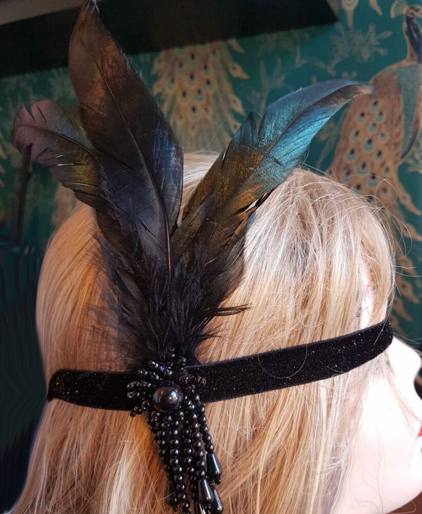 Black Feather Flapper Headband with Black Brooch