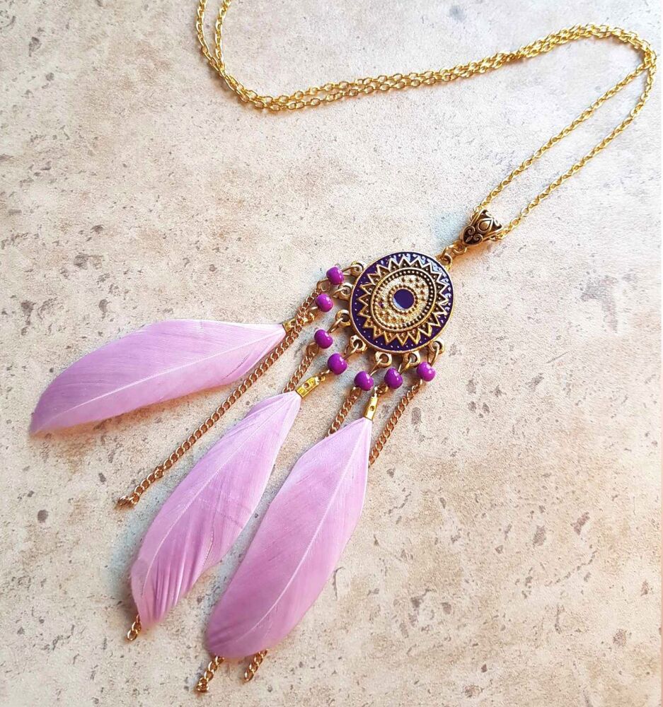 Lilac Feather Necklace with Aztec Flair