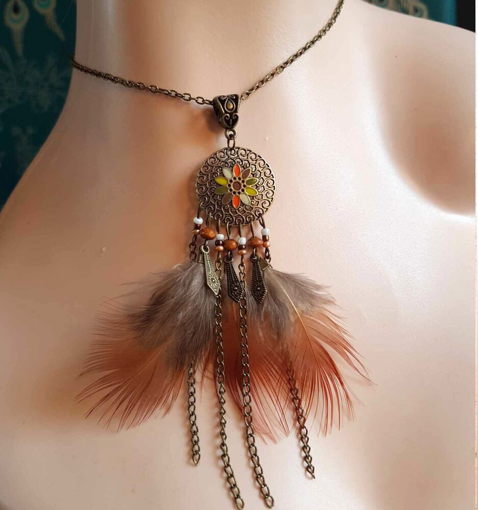 Antique Bronze  Long Feather & Charm Necklace