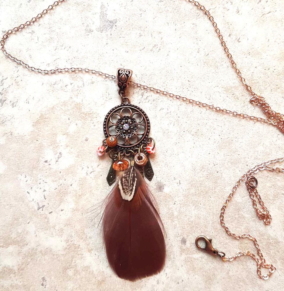 Antique Bronze Long Brown Feather & Decorative Charm Necklace