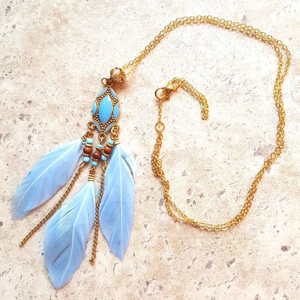 Light Blue and Gold Feather Necklace with Bohemian Flair