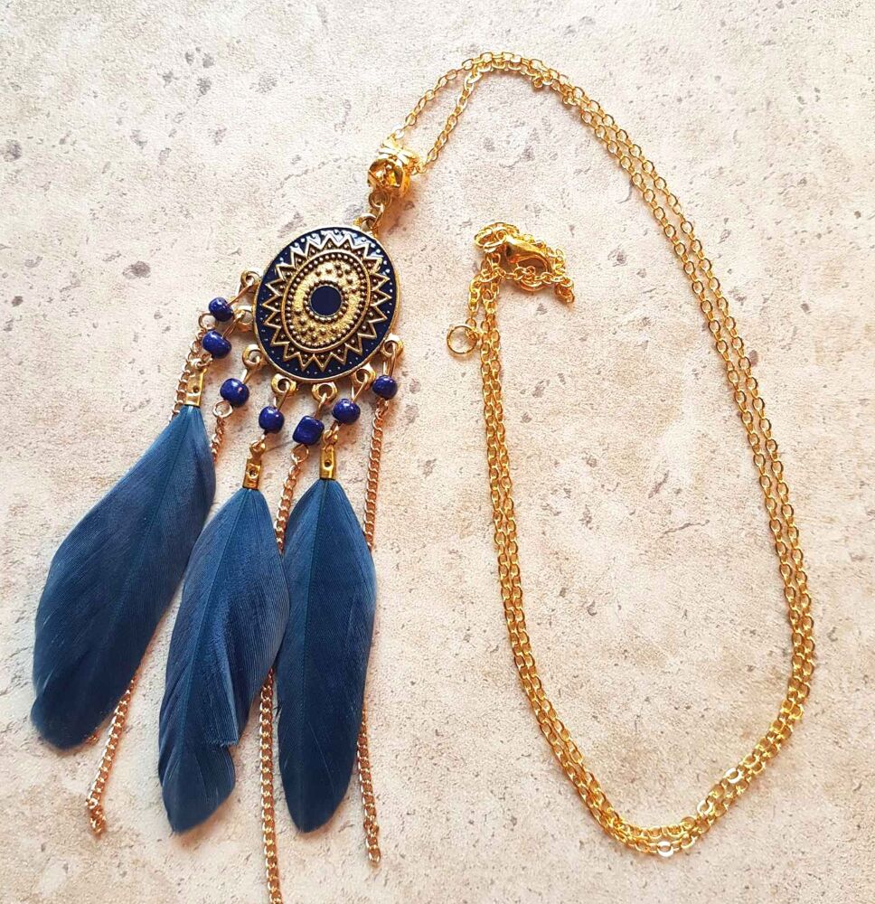 Dusky Blue and Gold Feather Necklace with Aztec Flair