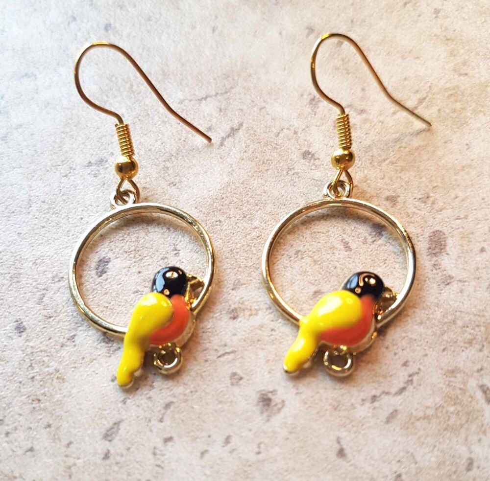 Birds in a Hoop, Gold Drop Earrings (Yellow and Black)