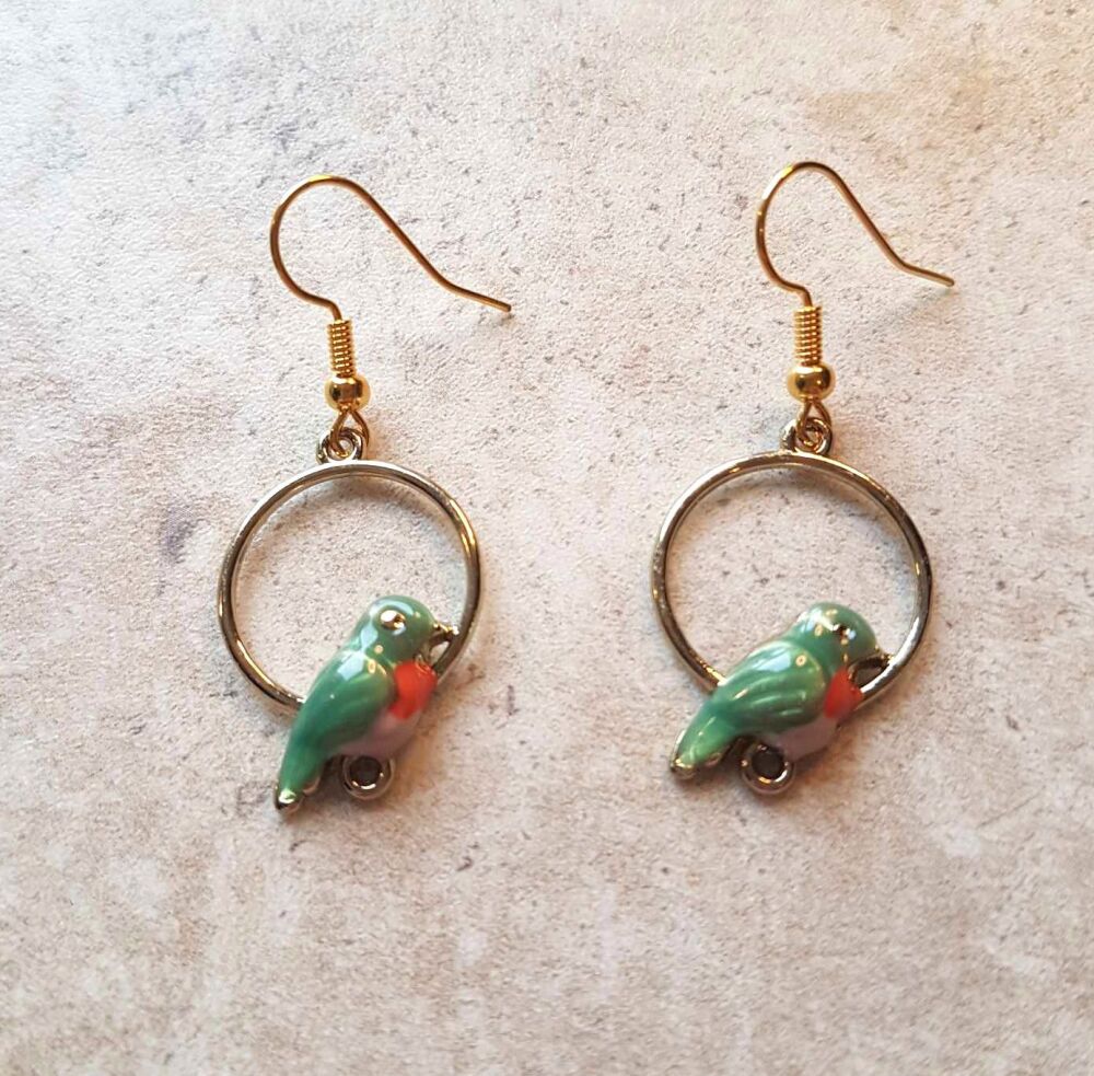 Birds in a Hoop, Gold Drop Earrings (Green)