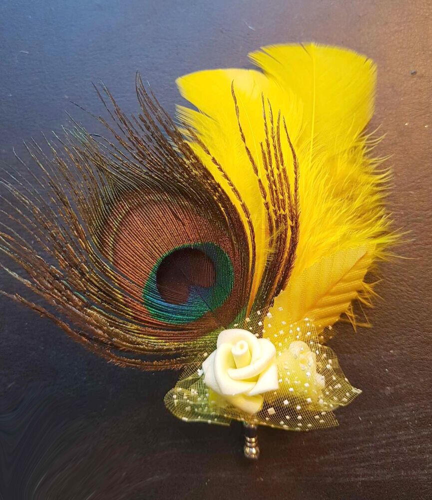 Feather Boutonnière Buttonhole - Peacock and Yellow Feathers