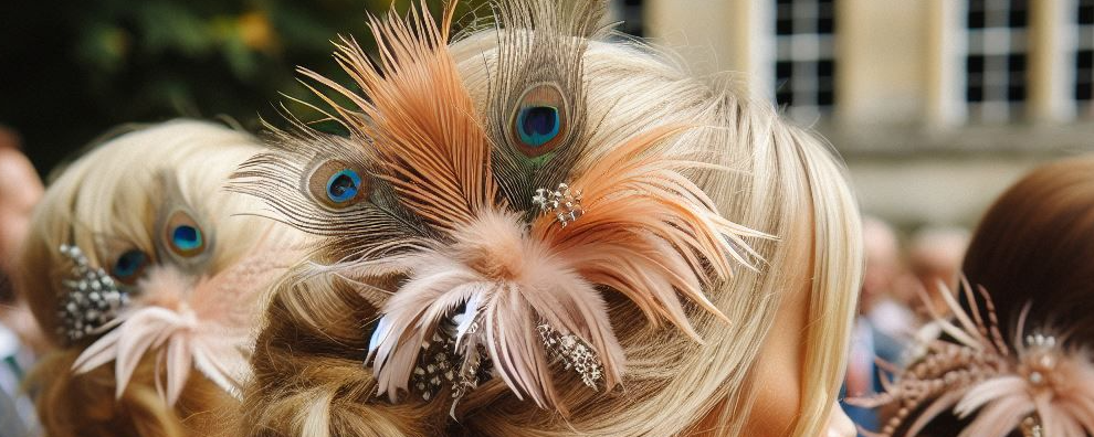 wedding guests wearing small ostrich feathers on a hair piece at a wedding in different colours