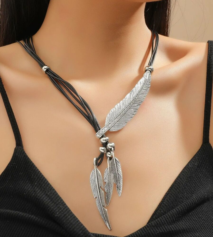 Silver Feather Charm Necklace with Multi Black Cord Detail