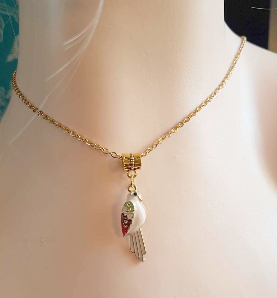 Parrot Pendant Gold Necklace Statement Jewellery, White and Gold Parrot Charm