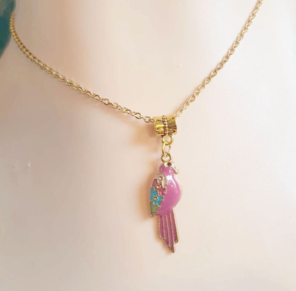 Parrot Pendant Gold Necklace Statement Jewellery, Fuchsia and Gold Parrot C