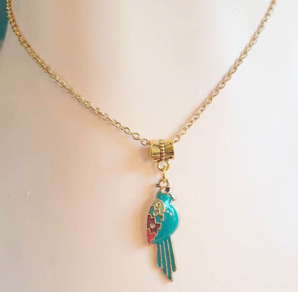 Parrot Pendant Gold Handcrafted Necklace Statement Jewellery, Green and Gold Parrot Charm