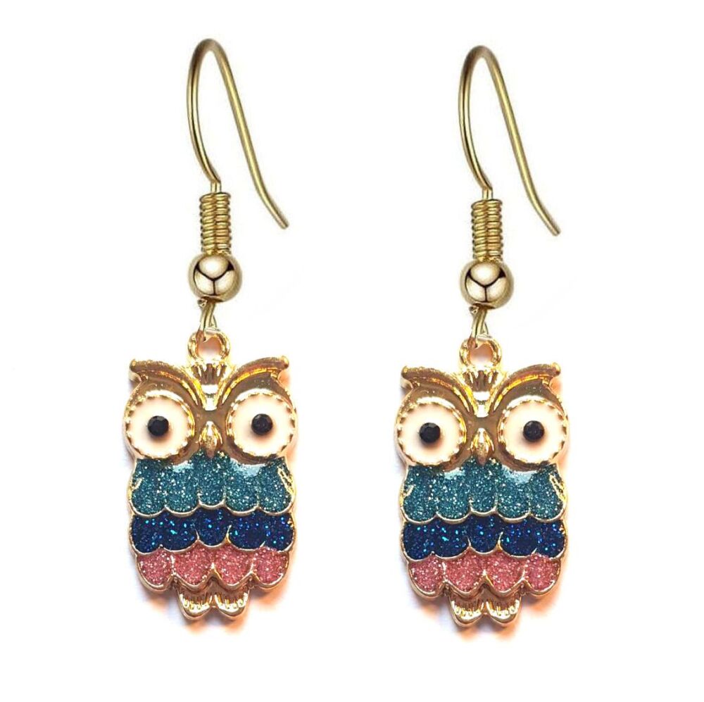 Owl Charm Pendant Earrings with Gold and Sparkle