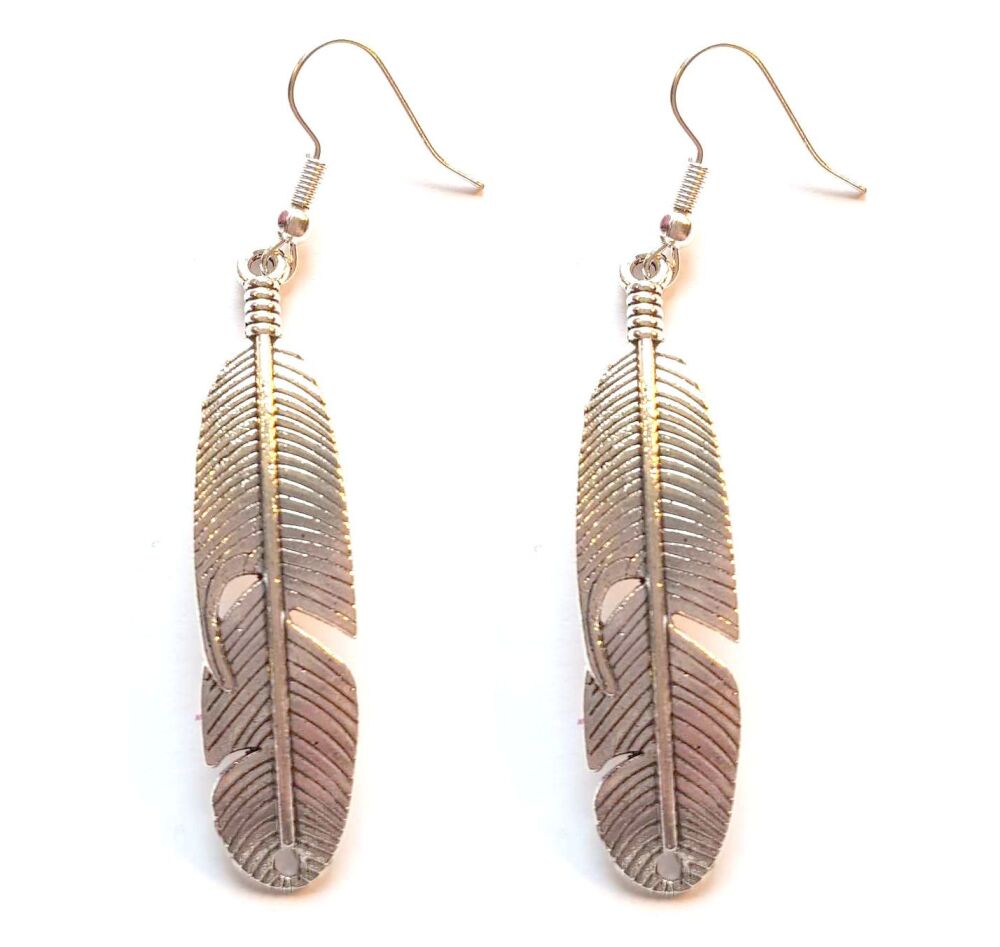Silver Drop Earrings with Feather Charm