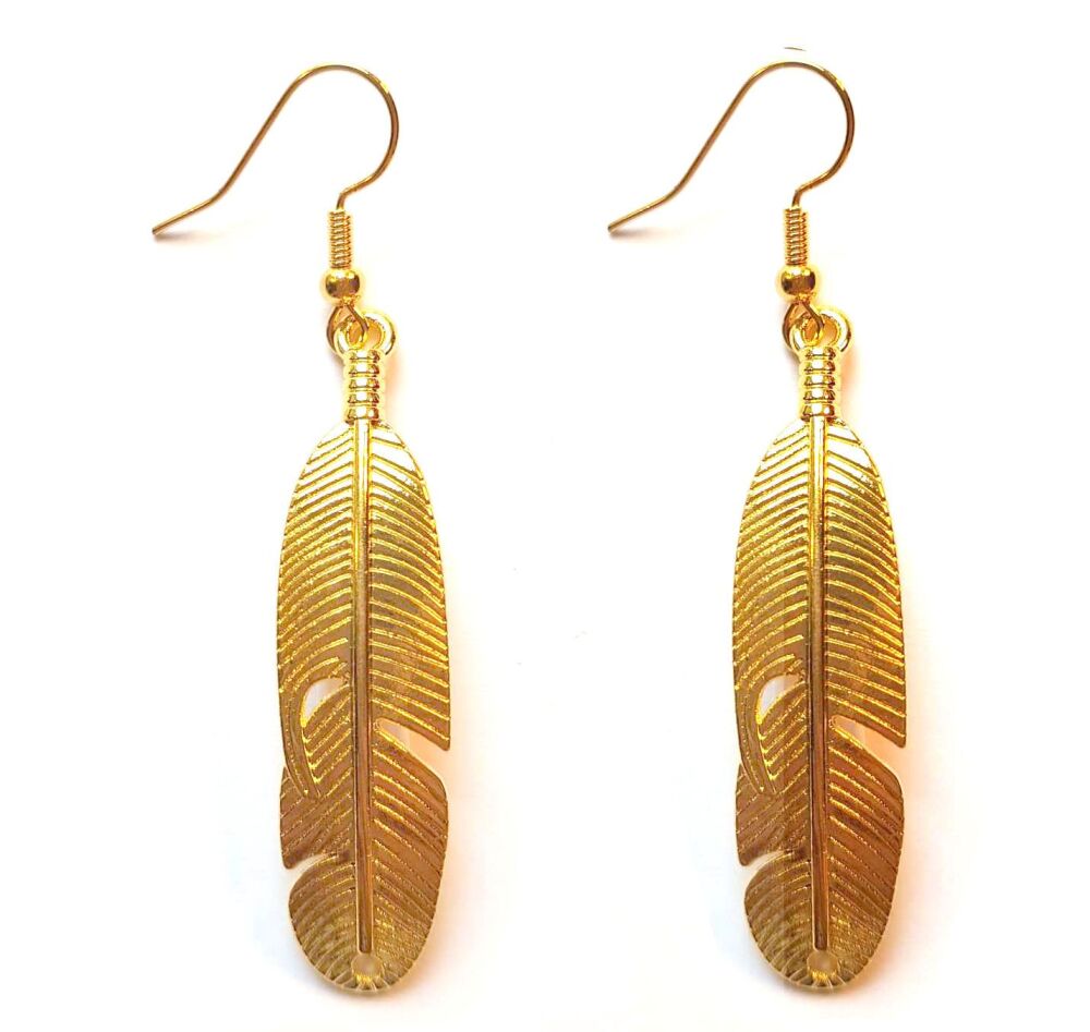 Gold Drop Earrings with Feather Charm