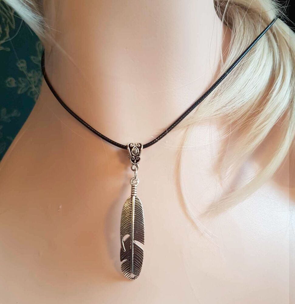Silver Feather Charm Necklace with Black Cord Detail