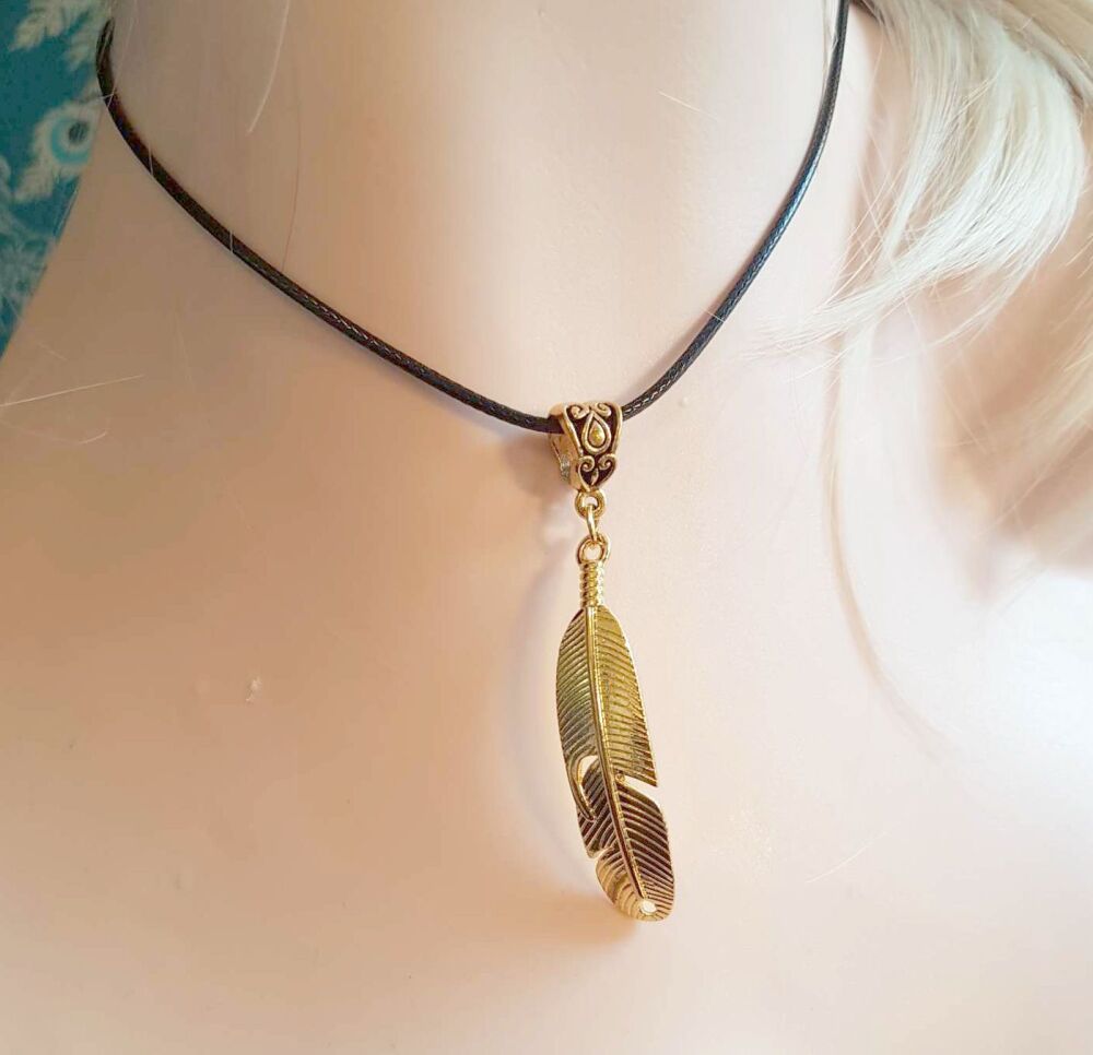 Gold Feather Charm Necklace with Black Cord Detail