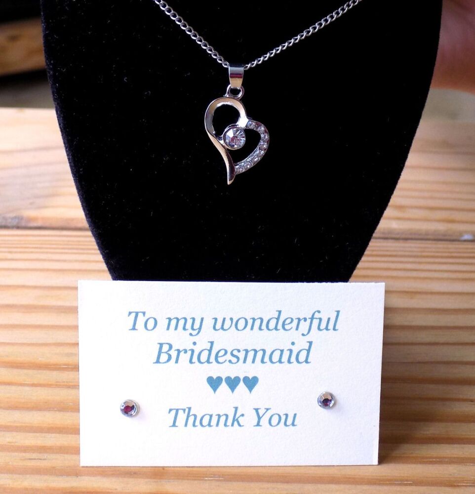 Bridesmaid Heart Pendant Necklace with Crystal Gem, Thank You Card & Organza Bag