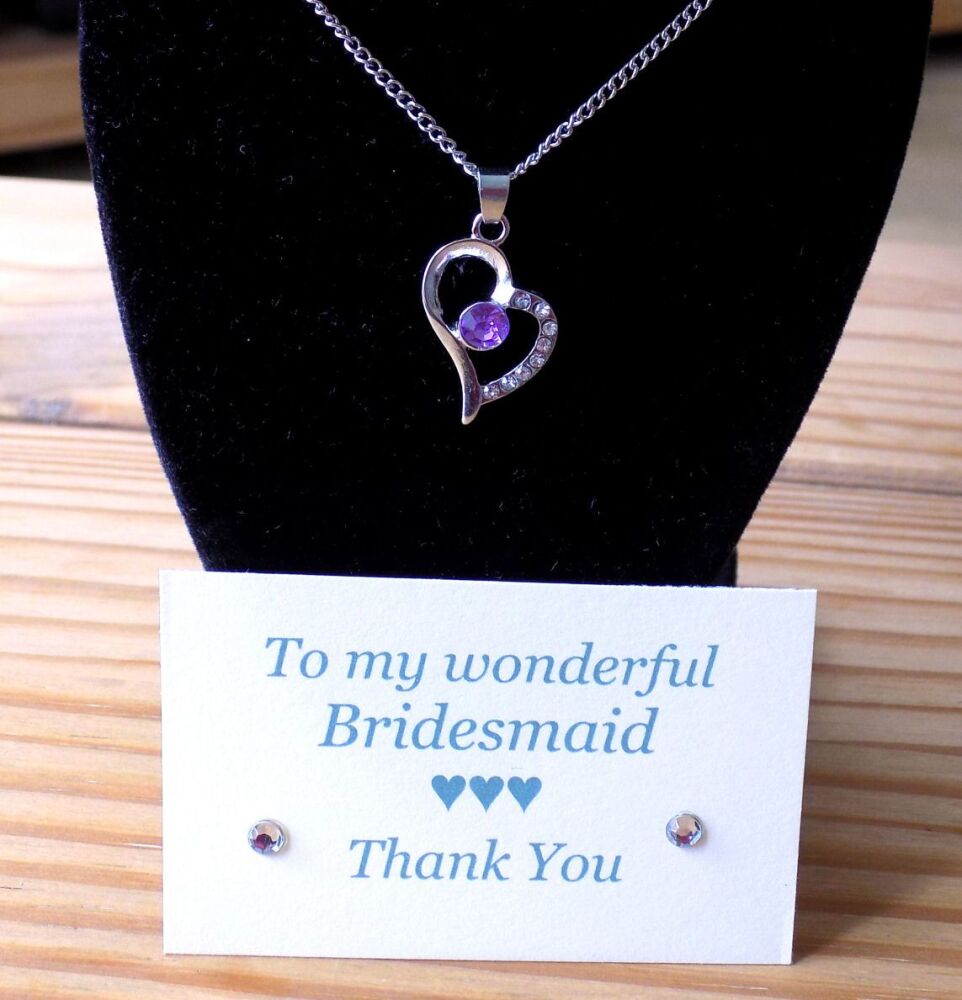 Bridesmaid Heart Pendant Necklace with Lilac Crystal Gem, Thank You Card & 