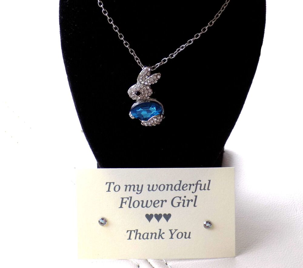 Flower Girl Gift - Blue Bunny Gem Pendant Necklace with Thank You Card & Organza Bag