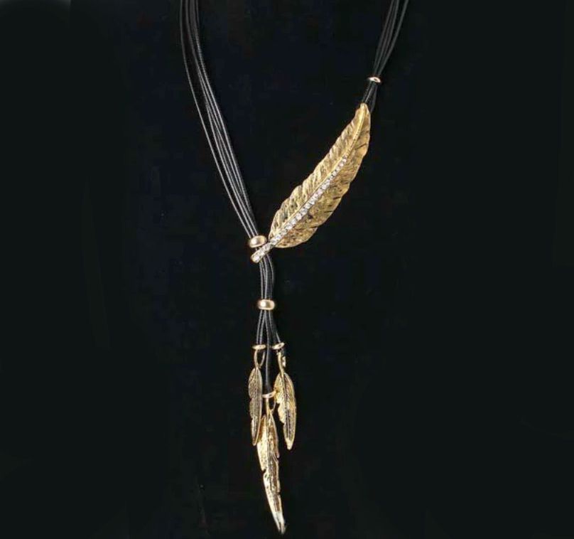 Gold Feather Charm Necklace with Multi Black Cord Detail