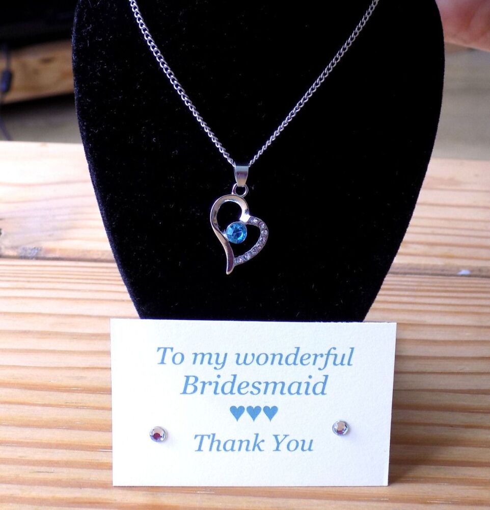 Bridesmaid Heart Pendant Necklace with Blue Crystal Gem, Thank You Card & Organza Bag