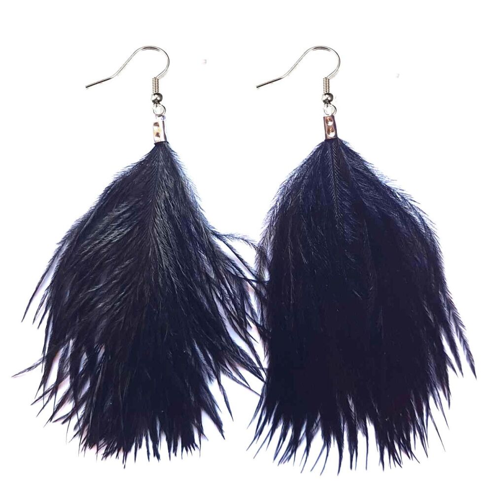 Black Ostrich Feather Earrings - Long