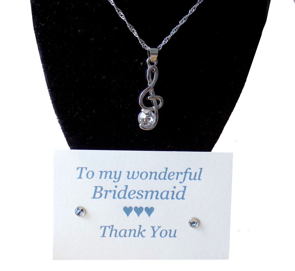 Bridesmaid Necklace with Crystal Music Note Pendant, Thank You Card & Organza Bag